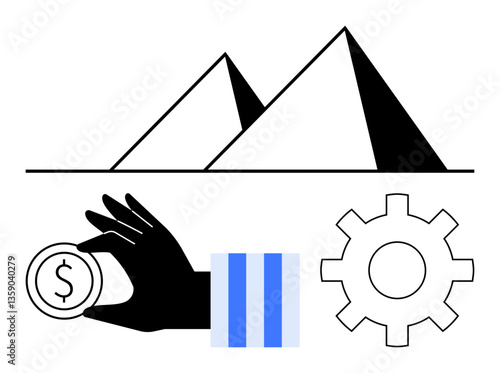 Hand with coin, pyramids, and gear symbolizing economy, heritage, and industrial growth. Ideal for finance, history, culture innovation trade strategy and global economy. Flat simple metaphor