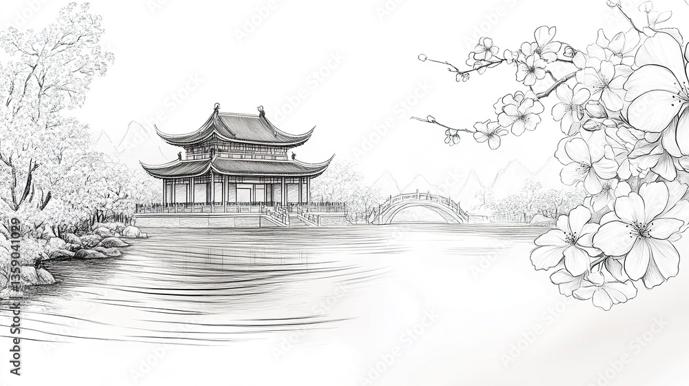 Line art draft of a tranquil Chinese riverside temple, delicate cherry blossoms in full bloom framing the temple, with subtle ripples in the water, isolated on white.