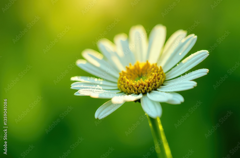 Obraz premium Single daisy flower glistening with dew drops, on blurred green background. Concept of tranquility and beauty in nature. Copy space. Close-up