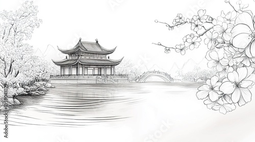 Obraz na płótnie Line art draft of a tranquil Chinese riverside temple, delicate cherry blossoms in full bloom framing the temple, with subtle ripples in the water, isolated on white. w salonie