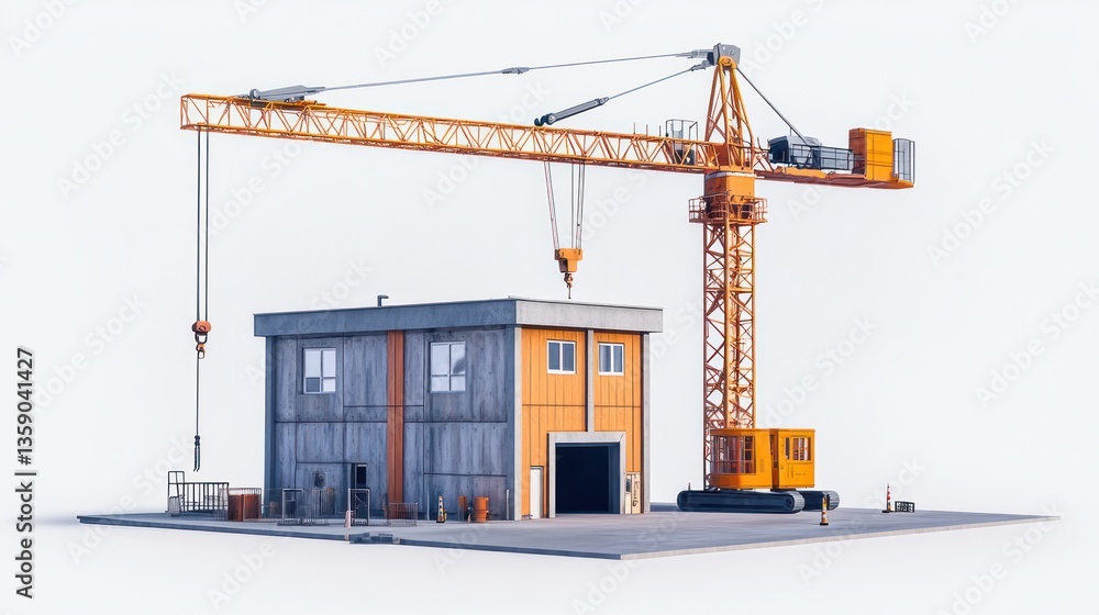 Construction crane building a small building Construction crane building a small building