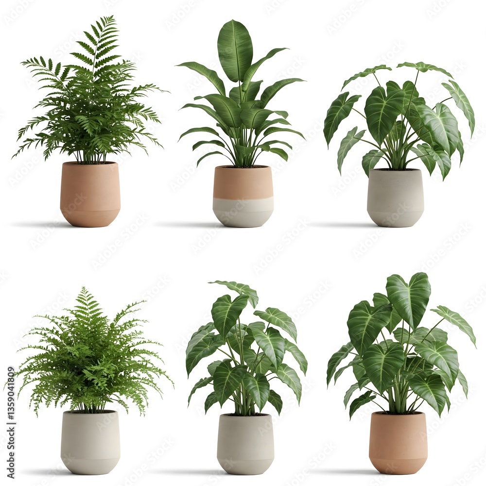Obraz premium A collection of stylish indoor plants in modern pots, adding a touch of greenery to any home or office. Perfect for enhancing your living space with fresh, vibrant foliage.