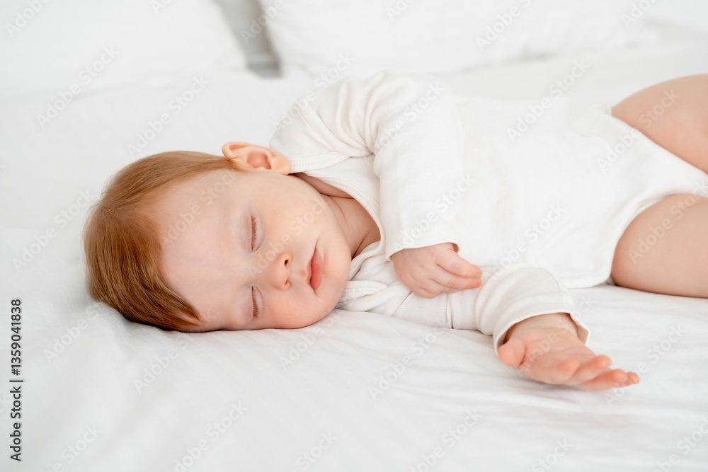 Baby boy sleeping under a blanket in a white bodysuit on the bed with his hand folded under his cheek, sweet healthy baby sleep at home Baby boy sleeping under a blanket in a white bodysuit on the bed with his hand folded under his cheek, sweet healthy baby sleep at home