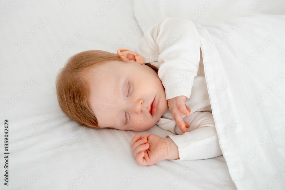 Baby boy sleeping under a blanket in a white bodysuit on the bed with his hand folded under his cheek, sweet healthy baby sleep at home Baby boy sleeping under a blanket in a white bodysuit on the bed with his hand folded under his cheek, sweet healthy baby sleep at home