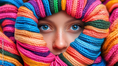 Realistic portrait of a human face framed by hands adorned in vibrant, colorful socks