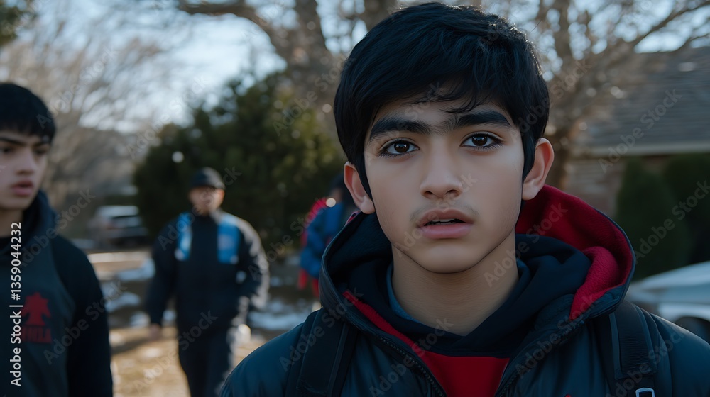 Pensive teenage boy looking at camera, friends in background. Pensive teenage boy looking at camera, friends in background.