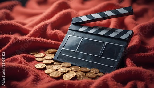 Gold Coins and Clapperboard on Red Fabric