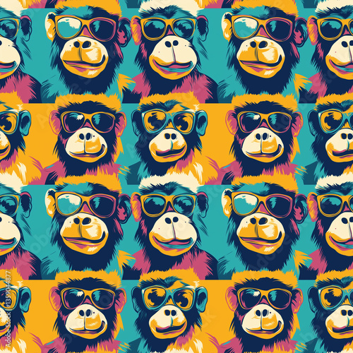 Seamless monkey pattern in pop-art style with cartoon faces wearing sunglasses, colorful jungle animal design for modern textiles and kids' prints