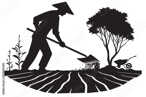 Silhouette Asian Farmer Raking Soil Traditional Farming Illustration Vector