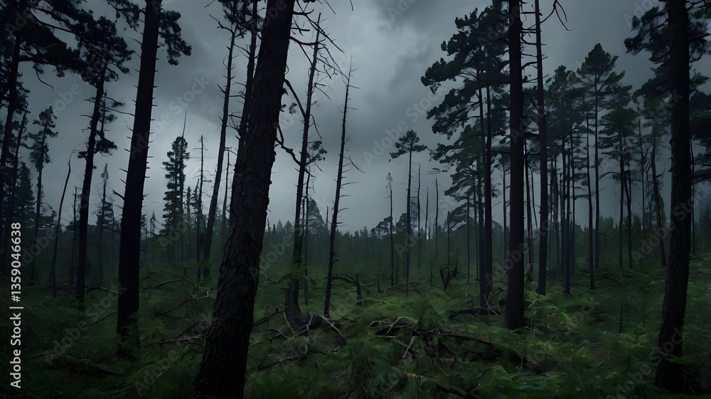 Obraz premium Dark Forest Moody Landscape Mysterious Woods Evergreen Trees Overcast Sky