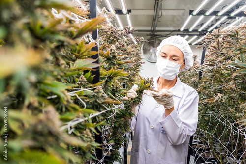 Woman scientist examining cannabis plants in a modern indoor cultivation facility. Wearing protective gear, monitoring plant health and quality. Advanced medical marijuana research and production.