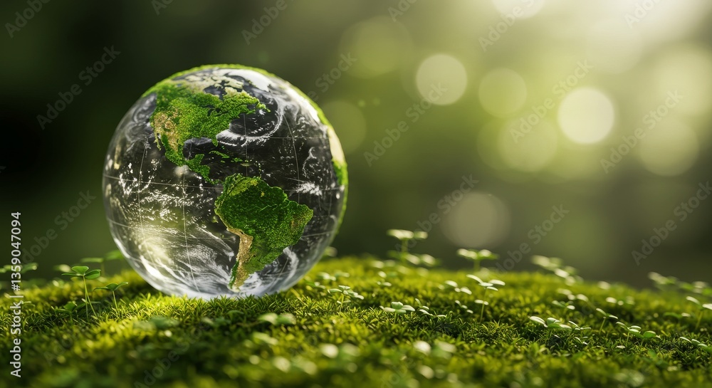 A glass globe depicting the earth with greenery and a green landscape A glass globe depicting the earth with greenery and a green landscape