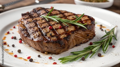 Juicy Grilled Ribeye Steak with Char-Grilled Perfection, Rosemary, and Peppercorn Garnish on a White Plate