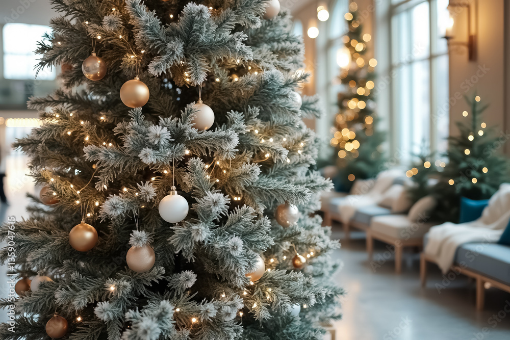 close-up view of a flocked christmas tree decorated with gold and white ornaments and warm lights close-up view of a flocked christmas tree decorated with gold and white ornaments and warm lights