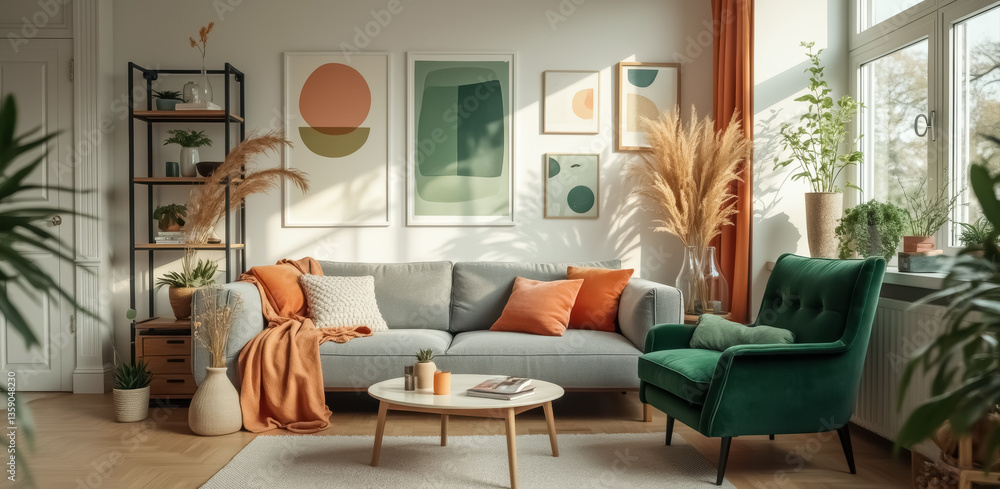 Fototapeta premium sunlit living room with gray sofa green velvet armchair and accents