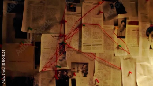 Detective investigation board with red strings connecting photos, articles, and clues in a dim room, perfect for crime scene analysis, conspiracy theories, or mystery thriller visuals
