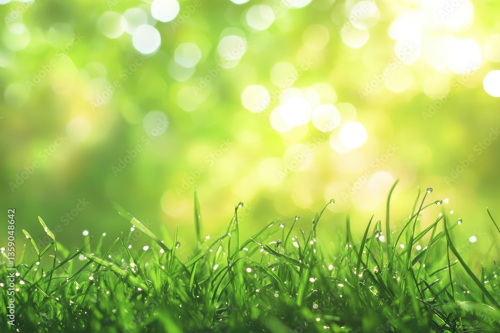 Obraz premium Green Grass with Dew Drops Shines in Soft Bokeh Light