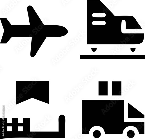 Silhouettes of various transportation icons including airplane, train, ship, and truck, representing different modes of travel and logistics