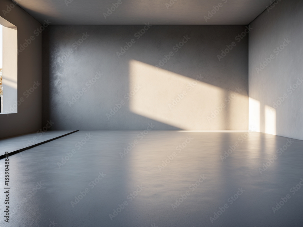 Obraz premium A minimalist architectural space with concrete walls and floor, illuminated by warm sunlight. The open design blends indoor and outdoor elements, creating a modern and serene atmosphere.