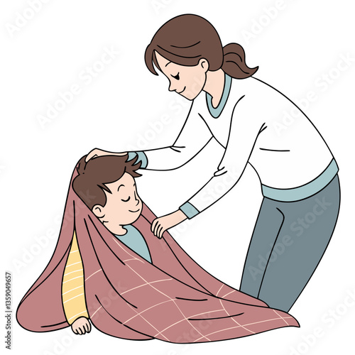 Mother Tucking Child into Bed, Cozy and Protective Moment. Perfect for: Mother's Day, Bedtime Routines, Parenting Blogs, Family Care