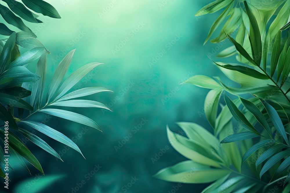 Lush Green Palm Leaves Frame a Calming, Soft Background Texture Lush Green Palm Leaves Frame a Calming, Soft Background Texture