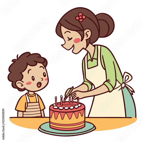 Mother Preparing a Birthday Cake for Her Child - Vector Illustration. Perfect for: Birthday Celebrations, Mother's Day, Family Gatherings, Parenting Blogs