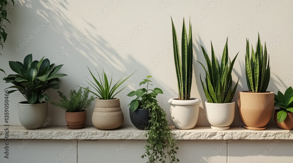 assortment of potted plants in various shapes and sizes showcasing a tranquil scene assortment of potted plants in various shapes and sizes showcasing a tranquil scene