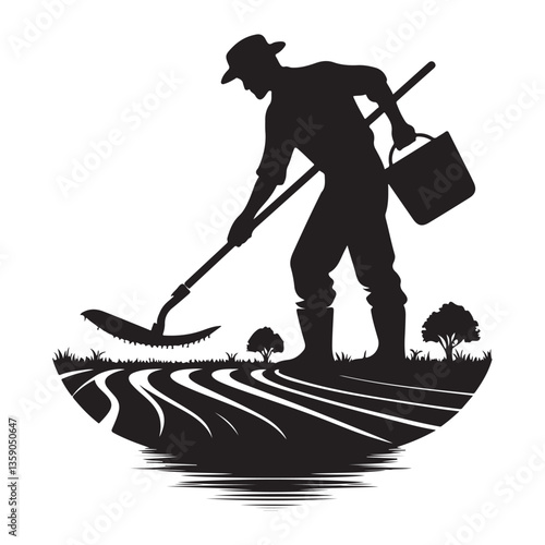 Farmer Silhouette Vector Art Working on Agriculture Farm Illustration