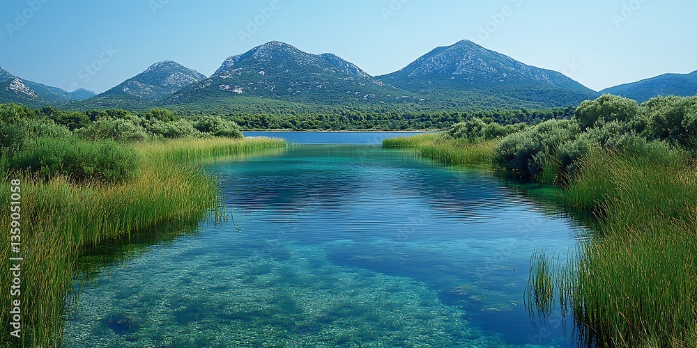 Tranquil blue lake with clear water and distant mountain backdrop Tranquil blue lake with clear water and distant mountain backdrop