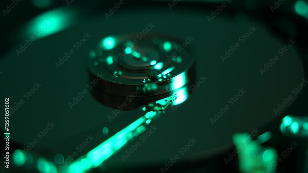 The hard drive rotates against a background of changing lights. The center reflects the light. The drive is against a dark background. The hard drive rotates against a background of changing lights. The center reflects the light. The drive is against a dark background.