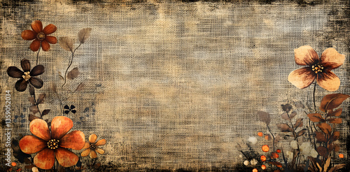 Wallpaper Mural Vintage floral background with textured canvas, featuring orange and brown flowers and subtle details Torontodigital.ca