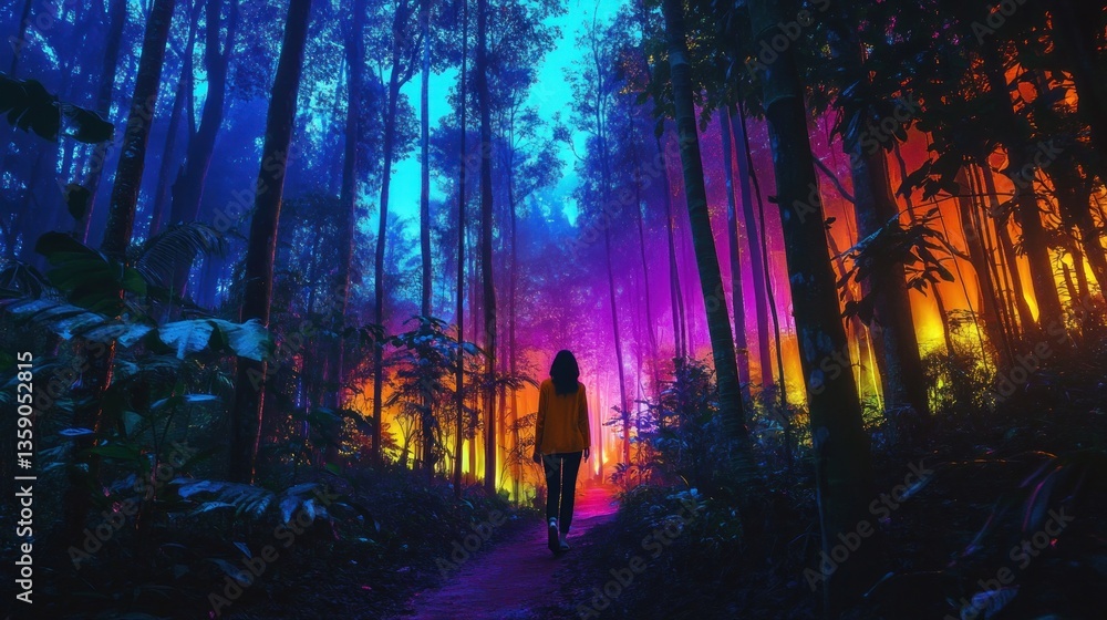 Fototapeta premium A person walks a path through a vibrant, colorful forest at night