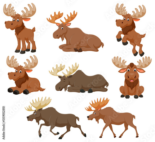 Eight cartoon moose in various poses, ideal for naturethemed designs, childrens illustrations, wildliferelated projects, and quirky brand visuals.