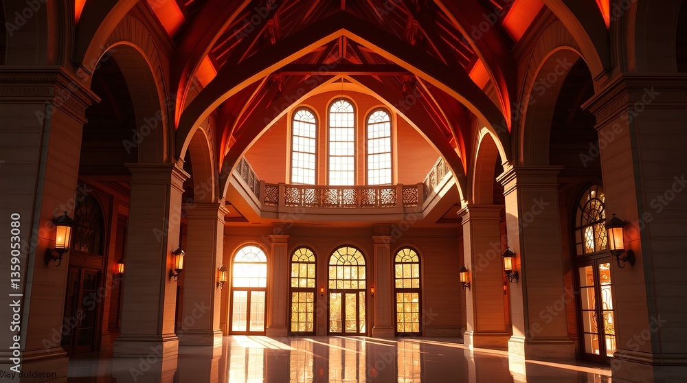 Obraz premium A Grand Hallway Bathed in Warm Light: The Elegance of Architectural Design