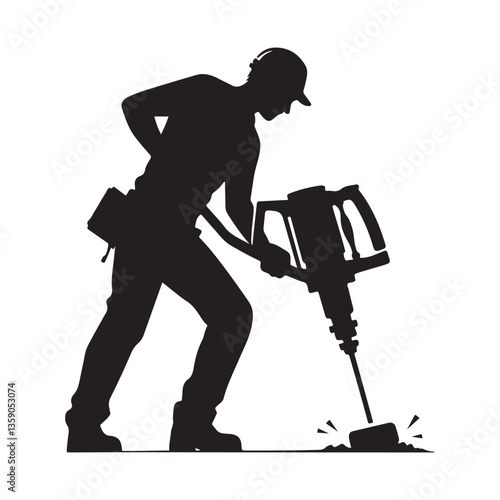 Construction Worker Jackhammer Silhouette Vector Illustration Power Tool Safety