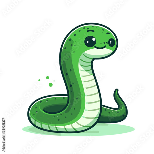 Friendly green snake in coiled position on light background. Perfect for reptile education, fear desensitization, or children's nature content.