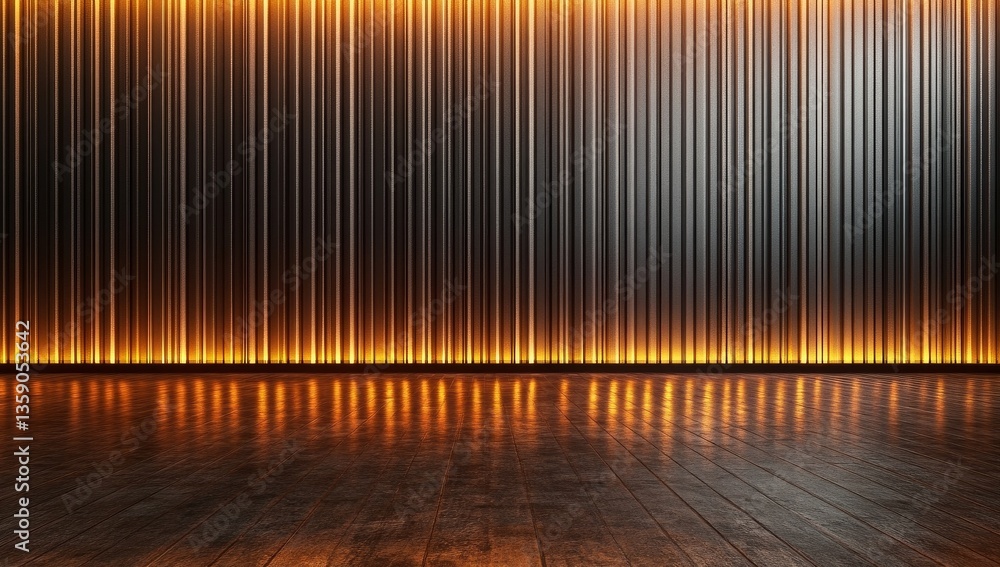 Naklejka premium Empty room with warm orange lighting and dark gray vertical panels. A polished wooden floor reflects the light
