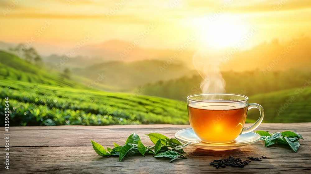 A steaming cup of tea with green leaves on a wooden surface with a scenic tea plantation at sunrise, panoramic view with copy space A steaming cup of tea with green leaves on a wooden surface with a scenic tea plantation at sunrise, panoramic view with copy space