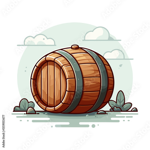 Rustic wooden barrel with landscape background. Ideal for winery branding, brewery marketing, or historical themed designs and games.