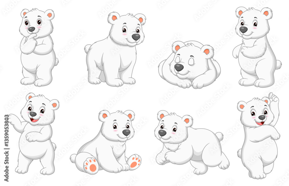 Obraz premium Eight cartoon white polar bears. Great for winterthemed designs, childrens illustrations, educational materials, and wildlife conservation campaigns. Whimsical and adorable collection.