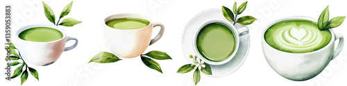 Wallpaper Mural Zen productivity focus and meditation, Four cups of green tea with varying designs and decorative leaves, showcasing different styles of serving. Torontodigital.ca