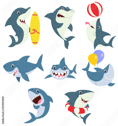 Eight cartoon sharks having fun at the beach, surfing, playing with a ball, and balloons. Perfect for childrens illustrations and summer designs.