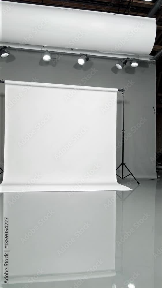 Minimalist studio setup with a white backdrop and overhead lights, captured from a front angle, ideal for professional video shoots. Live mobile wallpaper. Minimalist studio setup with a white backdrop and overhead lights, captured from a front angle, ideal for professional video shoots. Live mobile wallpaper.