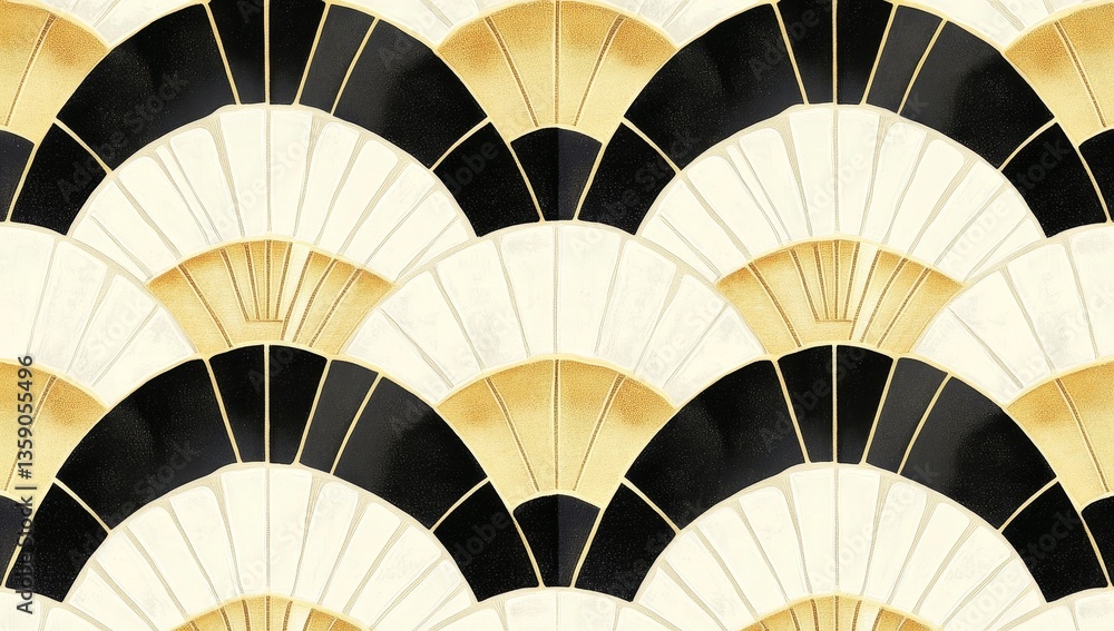 Fototapeta premium Art Deco fan pattern, black, gold, white