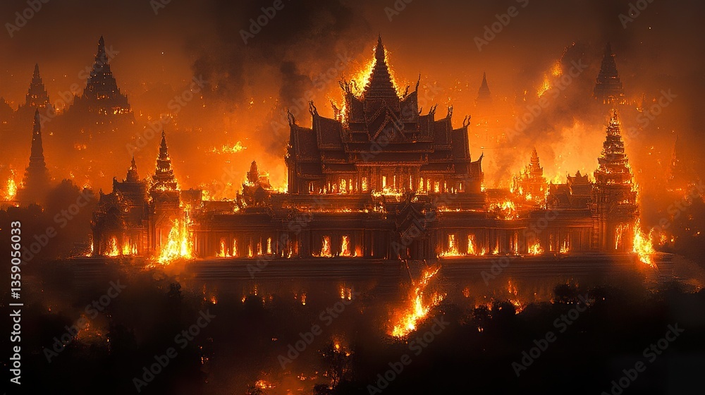 Naklejka premium A burning temple amidst a dark night cityscape flames illuminating its intricate architecture smoke rising against a starless sky. 