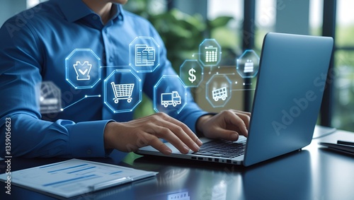 Digital Procurement & Supply Chain Management – Business Professional Working on Laptop with Holographic Icons of Logistics, Finance, and Operations in a Modern Office Setting