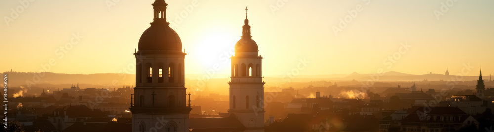 two church steeples silhouetted against a hazy cityscape at sunrise two church steeples silhouetted against a hazy cityscape at sunrise