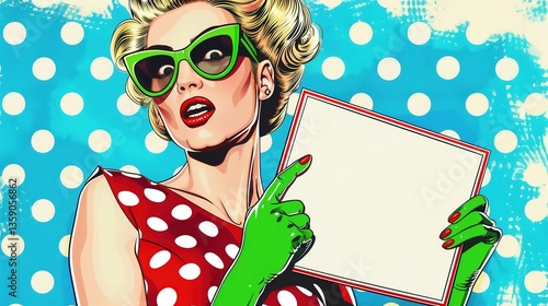 Retro Woman with Surprised Expression Holding Blank Sign, Pop Art Style

