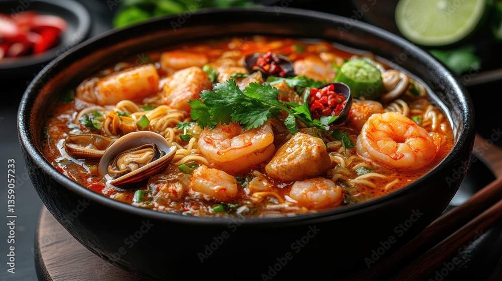 A delicious bowl of spicy shrimp noodles garnished with fresh herbs and chilies. A delicious bowl of spicy shrimp noodles garnished with fresh herbs and chilies.