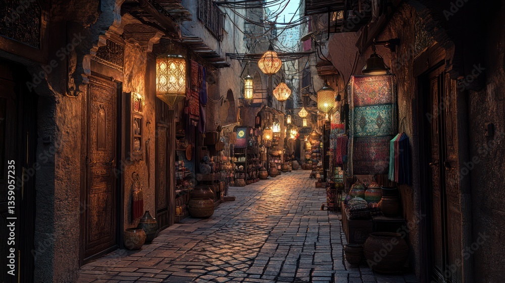 Fototapeta premium Ancient marketplace alleyway at twilight. Warm, inviting ambiance with lantern-lit shops along a stone-paved street